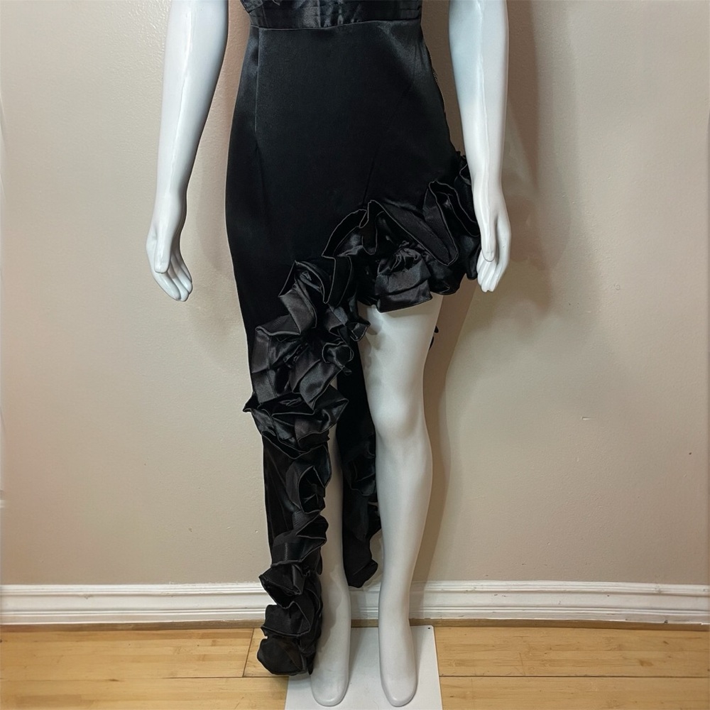 Black satin deep V-neck high low ruffle dress - Picture 4 of 13